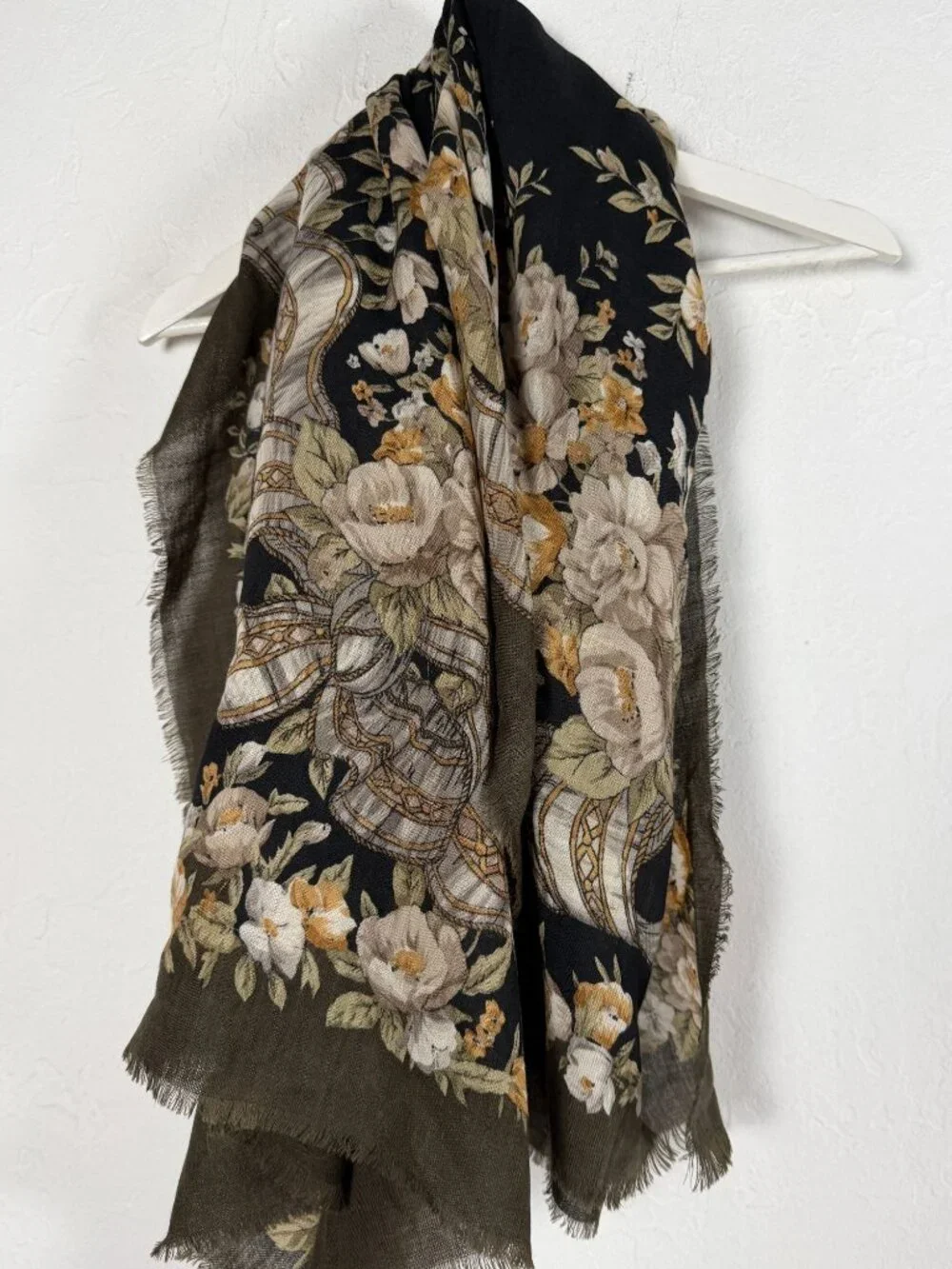 Equestrian Floral Scarf Black Ivory Roses Gold Chain Print 50x50 Square Fringe